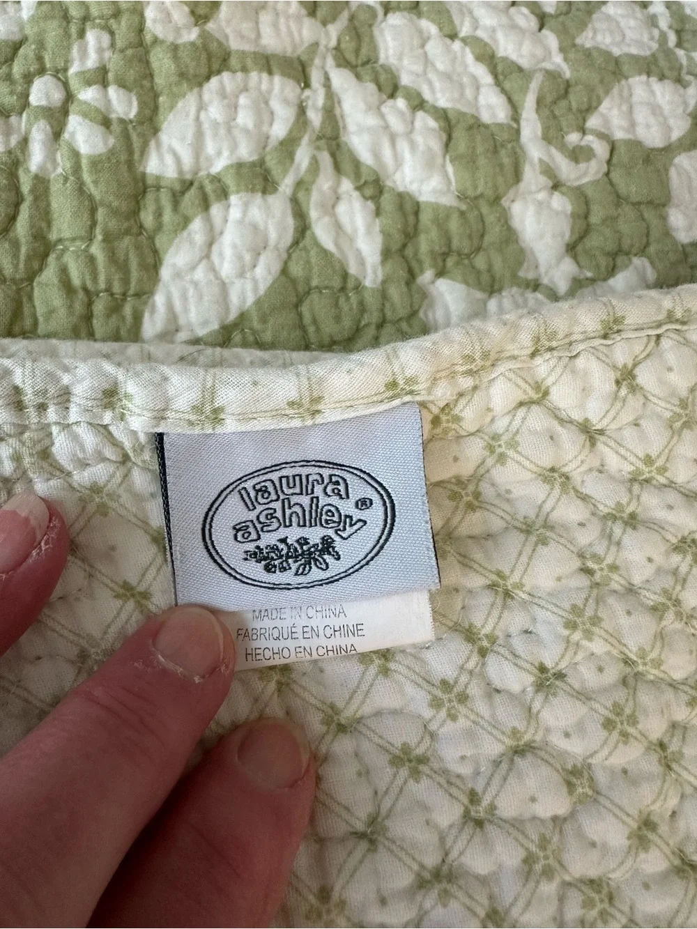 Laura Ashley Green and White Reversible Quilted Coverlet